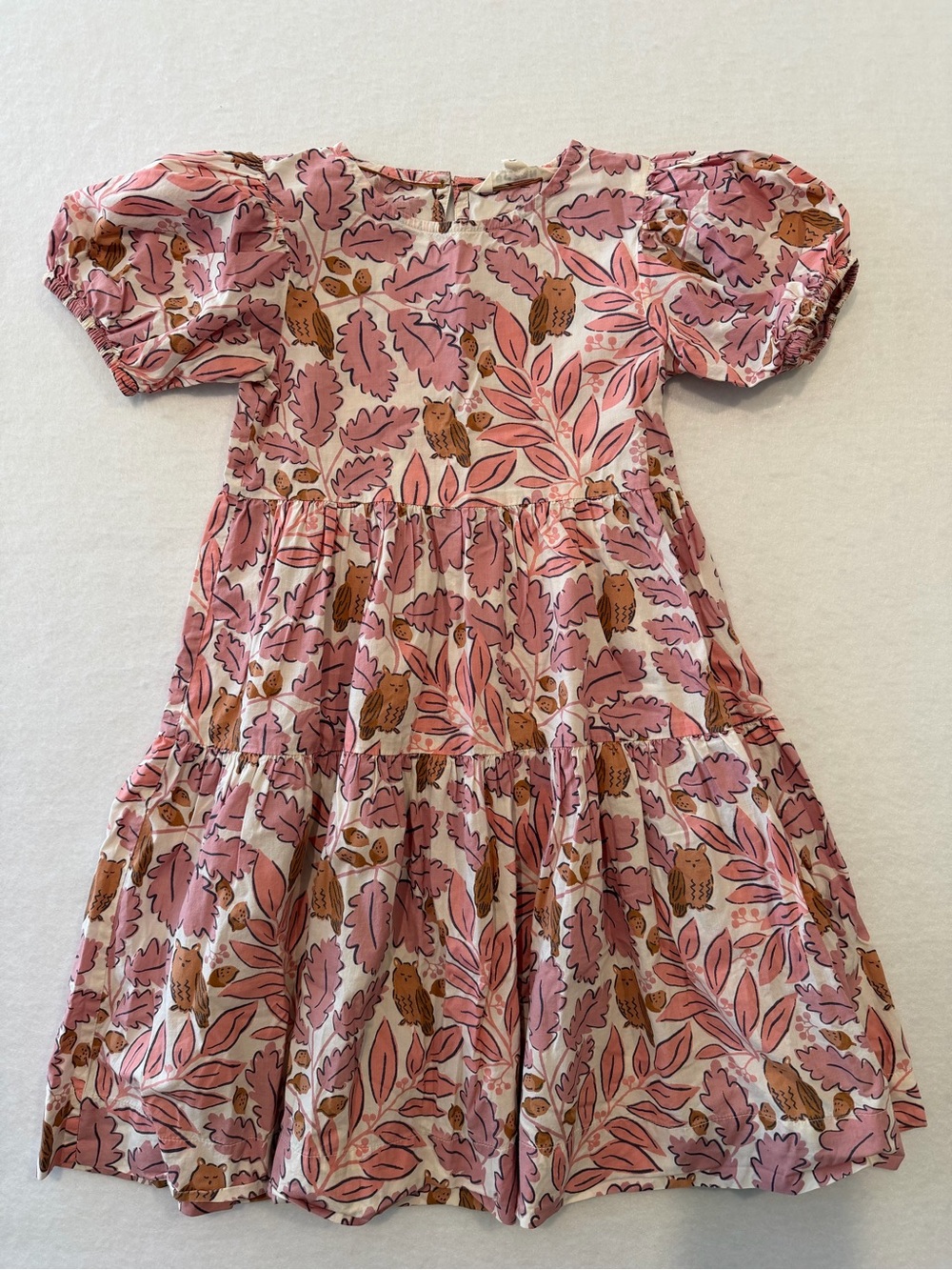 Boden Girls 6-7Y Pink Floral Owl Puff Sleeve Fit & Flare Round Neck Dress